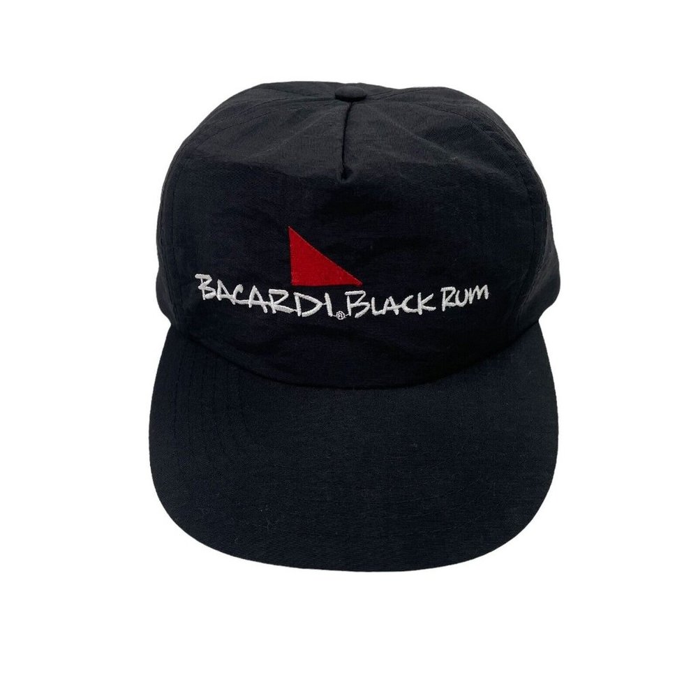 Vintage Bacardi Black Rum Black Nylon SnapBack Hat- Embroidered- EUC